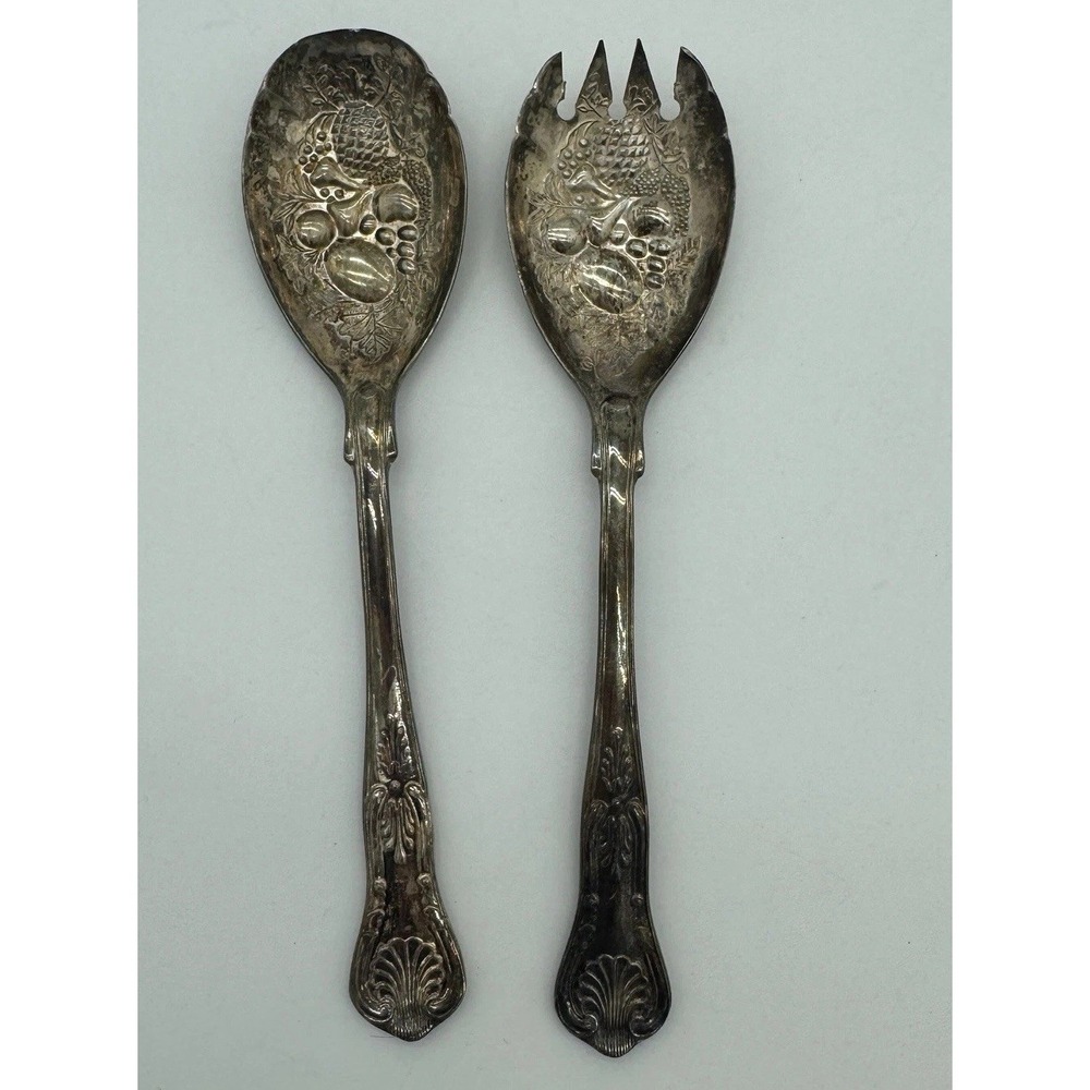 Antique‎ FB Rogers Silver Plated Salad Serving Set Italy Fruit Pattern EPNS 9in